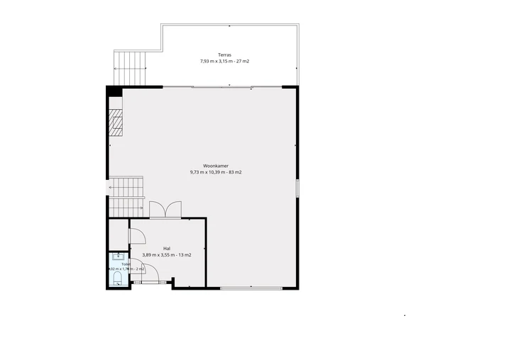 Plattegrond woonniveau: woonkamer 83 m², entreehal 13 m² en terras 27 m²