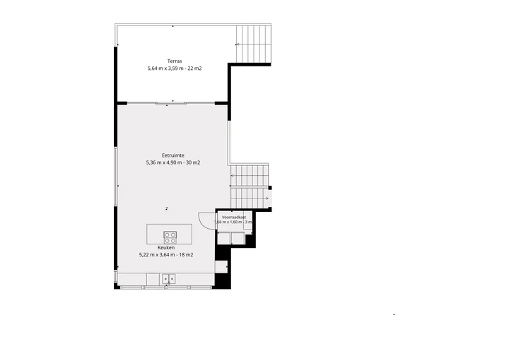 Plattegrond keukenniveau: eetruimte 30 m², keuken 18 m², voorraadkast en terras 22 m²