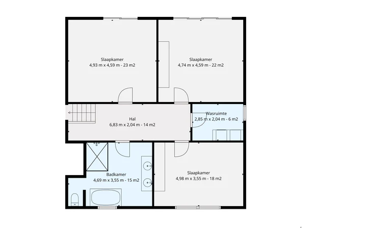 Plattegrond slaapniveau: drie slaapkamers (23, 22 en 18 m²), gezinsbadkamer 15 m² en wasruimte