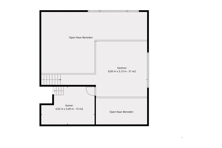 Plattegrond kantoorniveau: kantoor 31 m², kamer 15 m² en vides naar de woonkamer